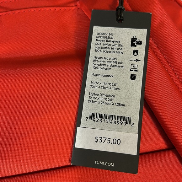 NWT Tumi Carson Voyageur backpack in rare red - Picture 14 of 16